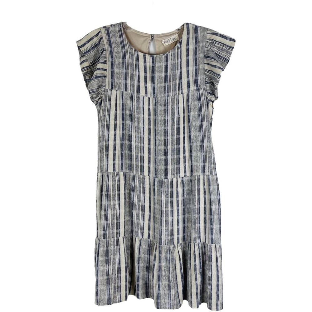 Peach Love blue cream striped coastal textured tiered midi dress medium